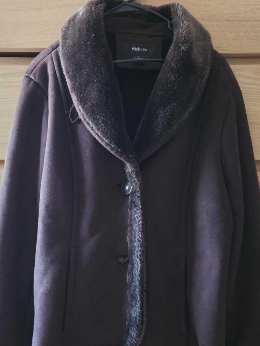 Style & Co. Dark Brown Faux-Fur Trim Pea Coat